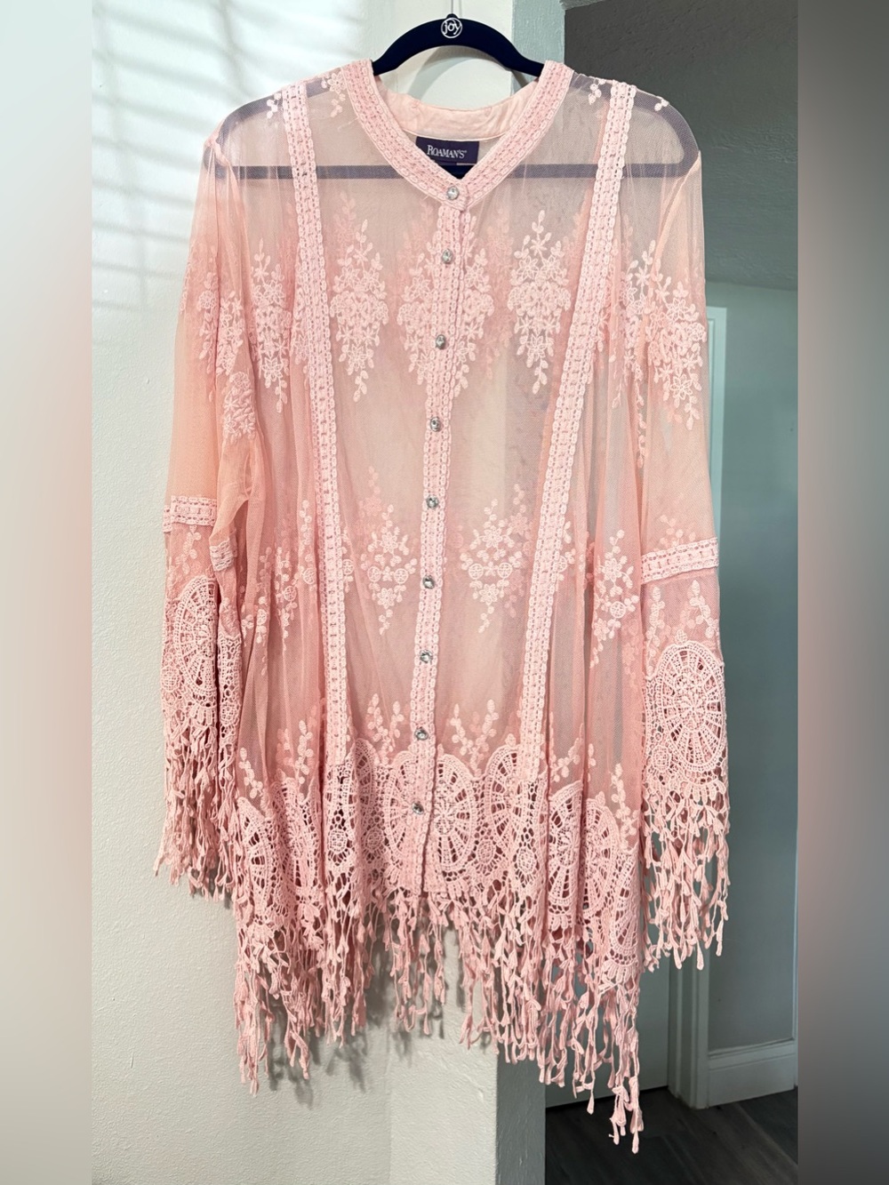 Roaman's Blush Pink Lace Crochet Button-Up Kimono